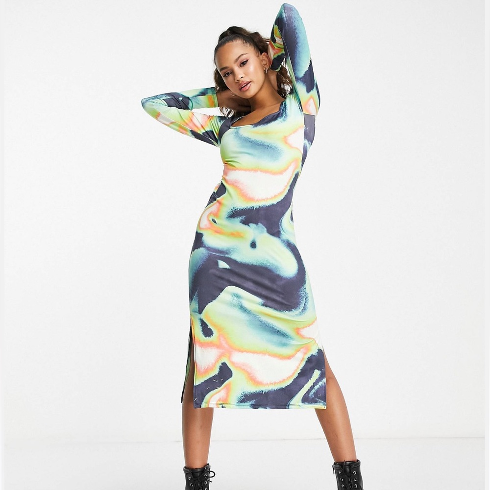 Stradivarius square neck slinky midi dress in grunge print Sz M